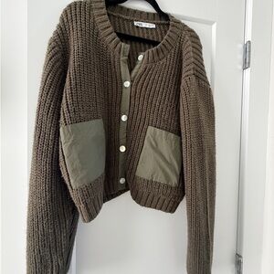 Zara Brown Olive Patch-Pocket Chunky Knit Cardigan